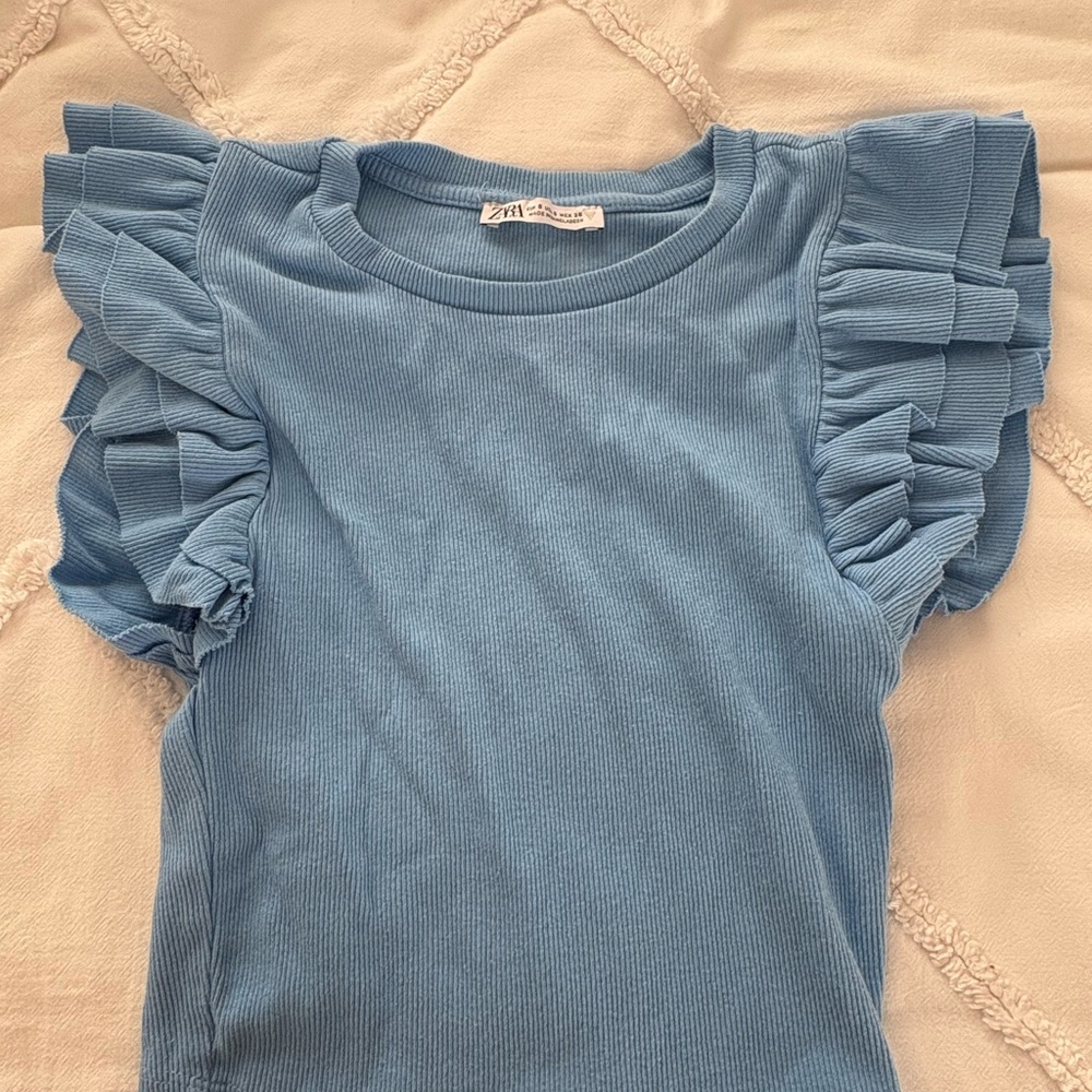 Zara Dusty Blue Ruffled Cap Sleeve Top
